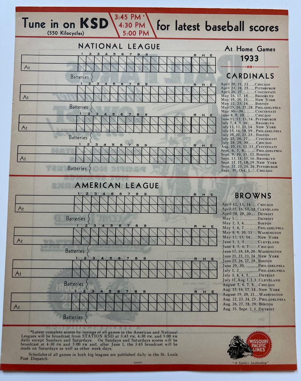 Unused 1933 St Louis Browns St Louis Cardinals Scorecard Missouri Pacific Lines
